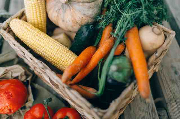 Harvest vegetables including sweetcorn, carrots and pumpkin in a wooden crate