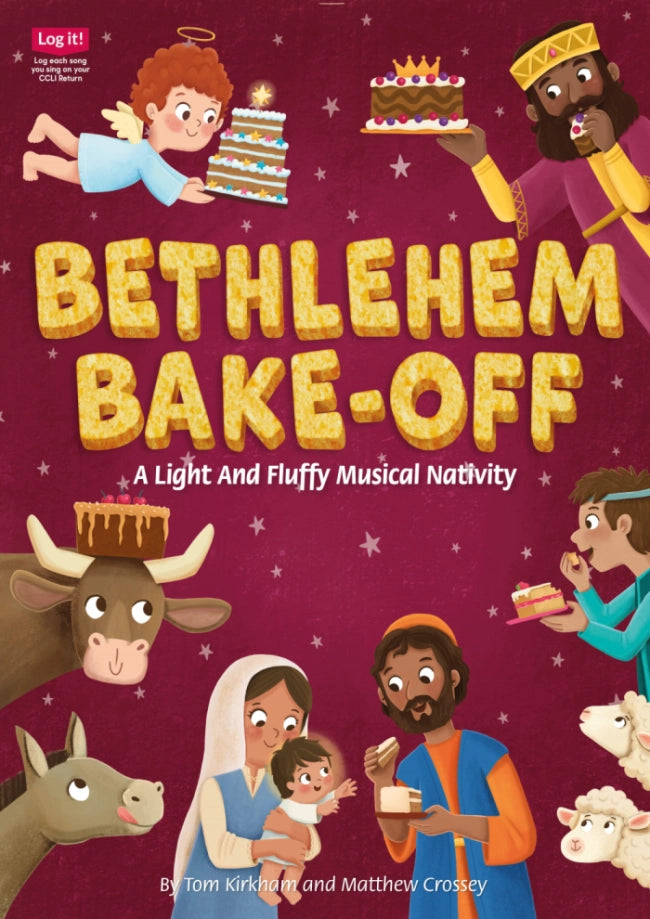 Bethlehem Bake Off - nativity cover art displaying the nativity characters holding various baked goods around the title