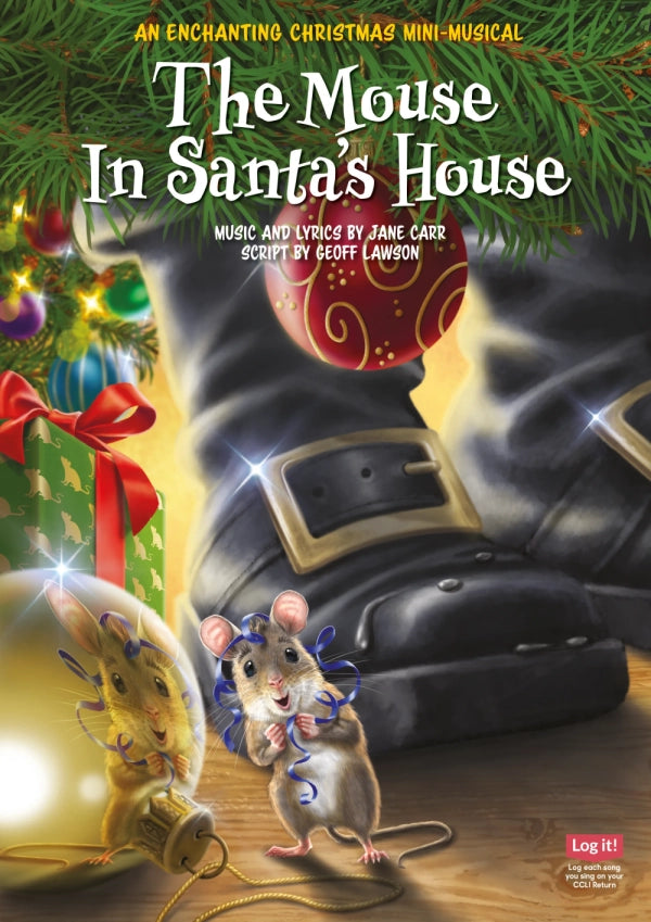 The Mouse in Santa's House - nativity cover art displaying small mouse character under Christmas tree next to Santa's boots