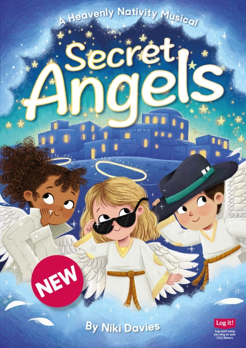 Secret Angels Nativity - cover art displaying 3 secret agent looking angels with the background of Bethlehem - floating within clouds